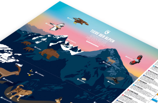 Plakat mit 32 illustrierten Alpentieren