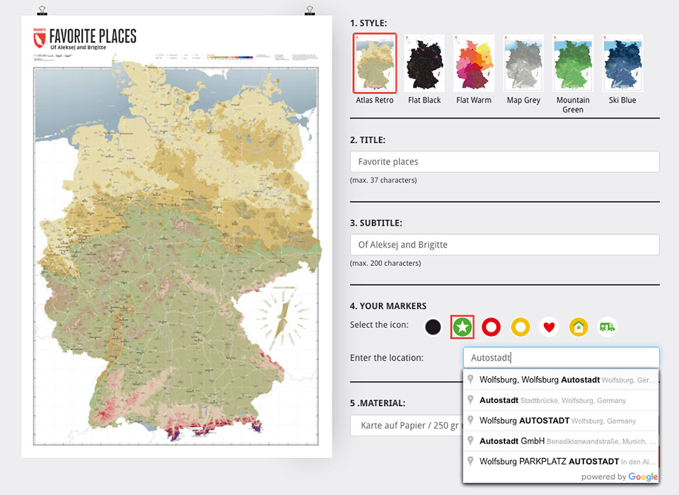 Ort eingeben - Icon hinzufügen - auf der individualisierten Deutschlandkarte