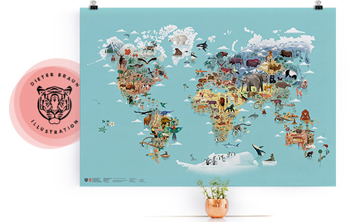 Die Welt der Tiere - illustrierte Weltkarte von Dieter Braun